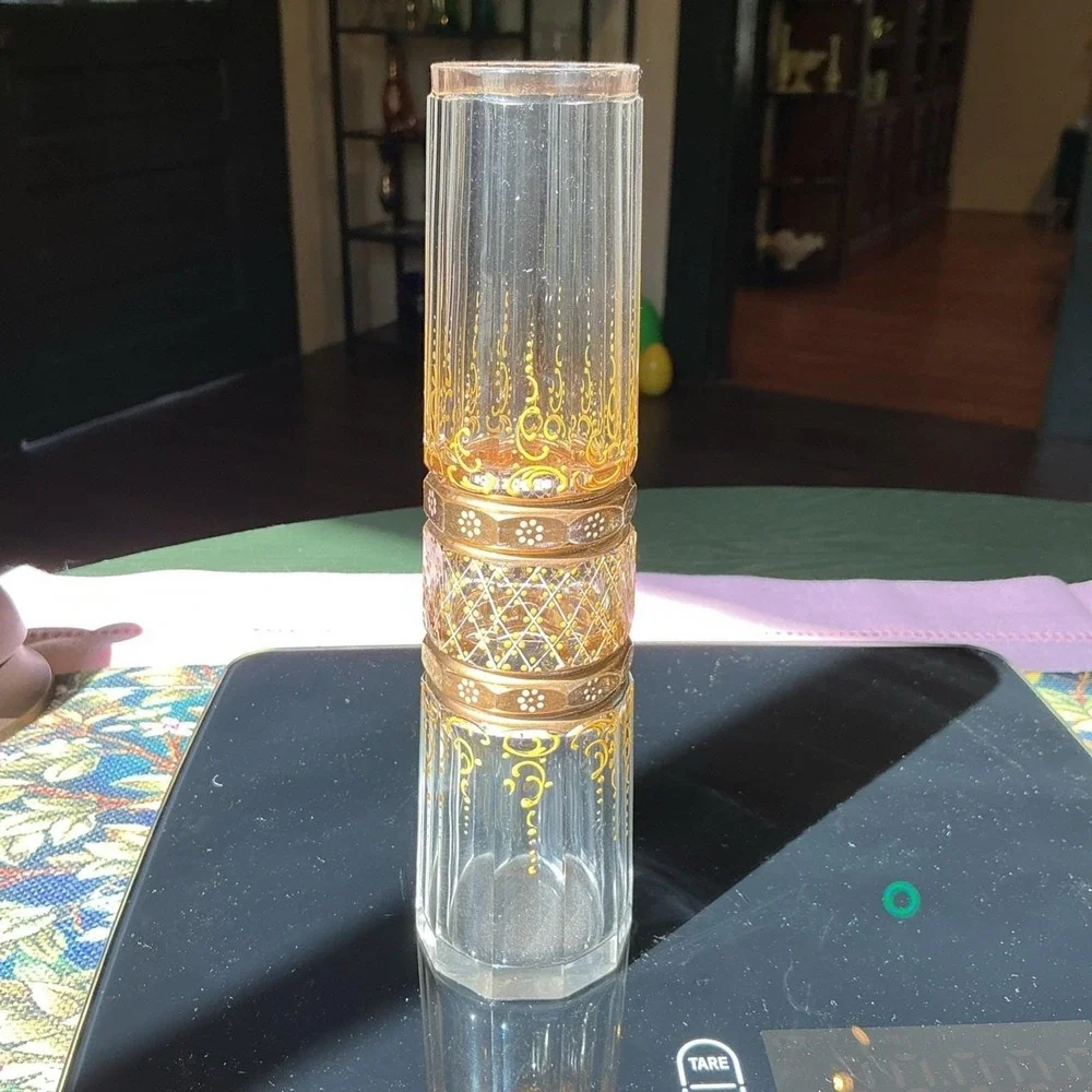 Antique Bohemian Hand‎ Painted Gilded Glass Vase, 7.75